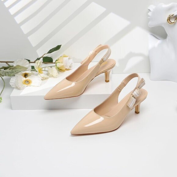 Women's Beige Leather High Kitten Heel Shoes Closed Pointed Toe Dress Pumps - Picture 7 of 9